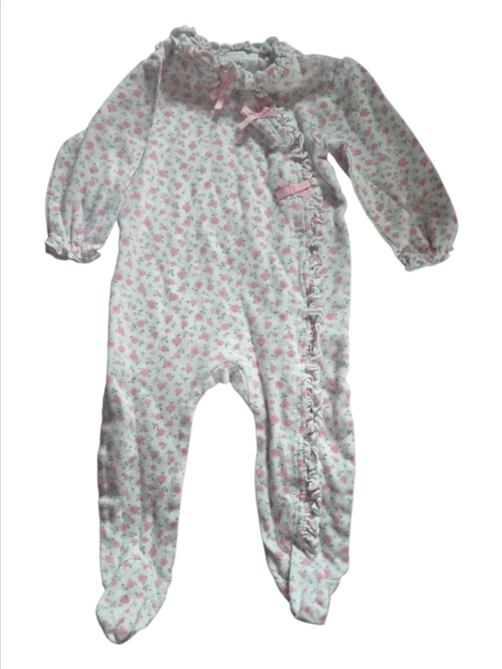 Laura Ashley Pink Rosebud Floral Ruffel Footed One-Piece - 6-9 Mos